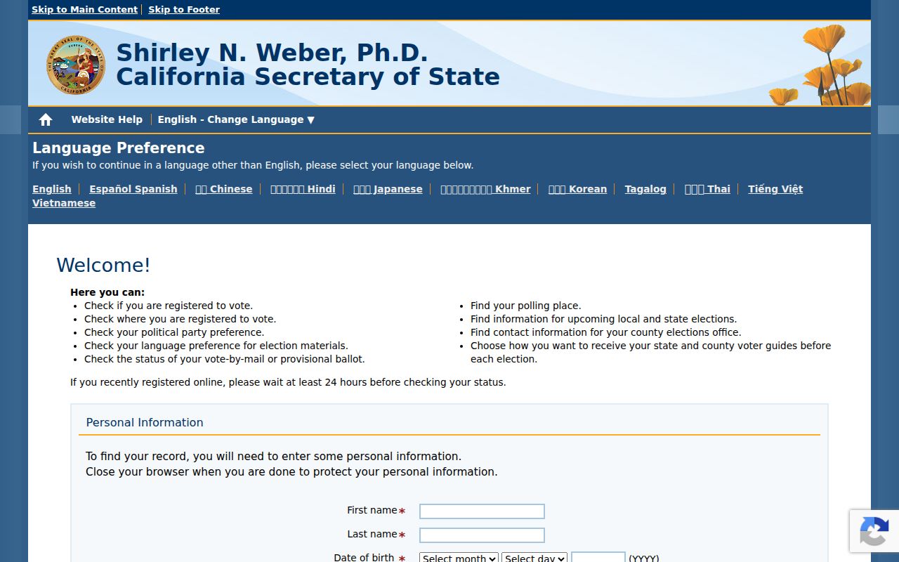 Ontario people search limits shown by California voter self lookup