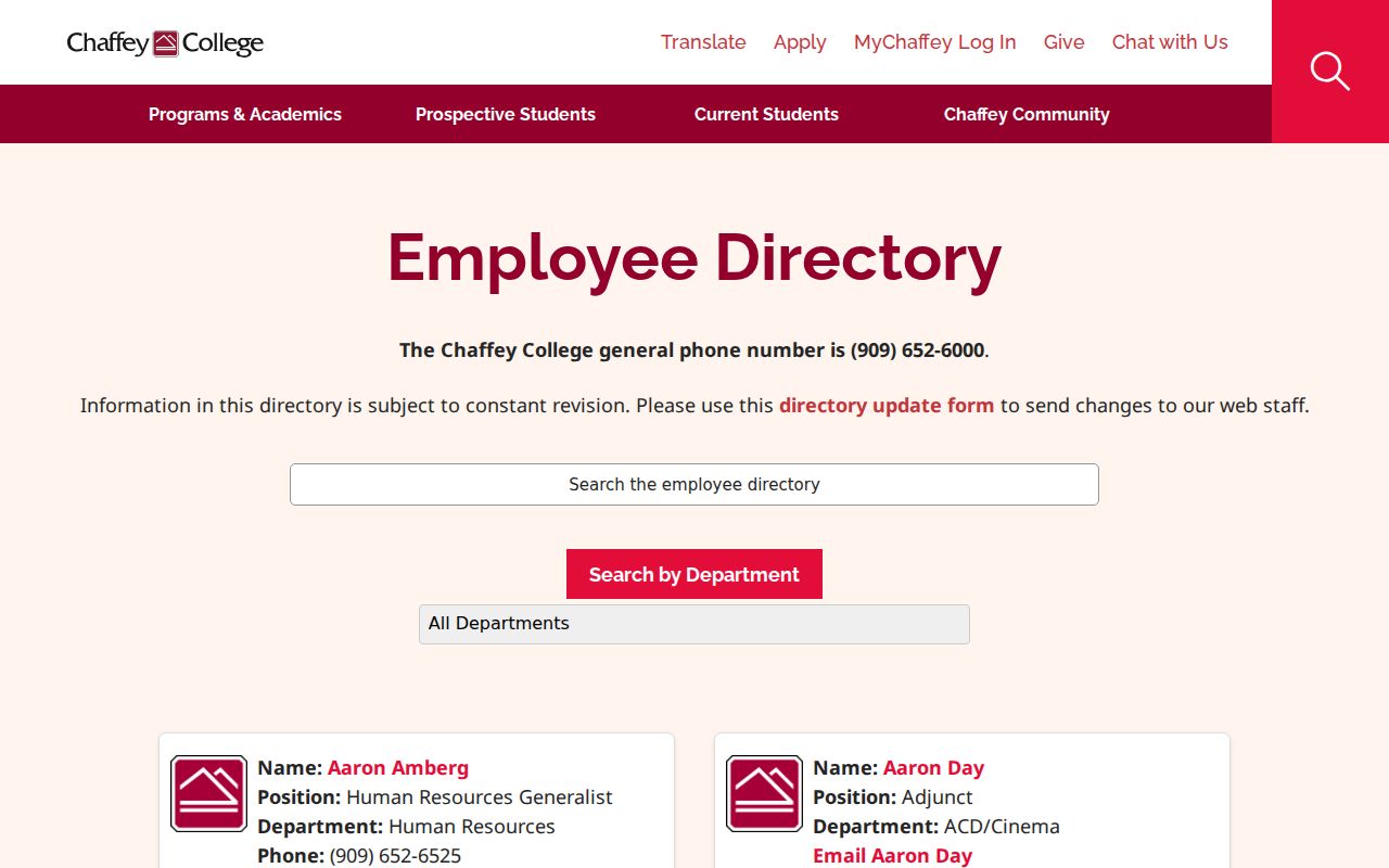 Ontario people directories view of the Chaffey College employee directory