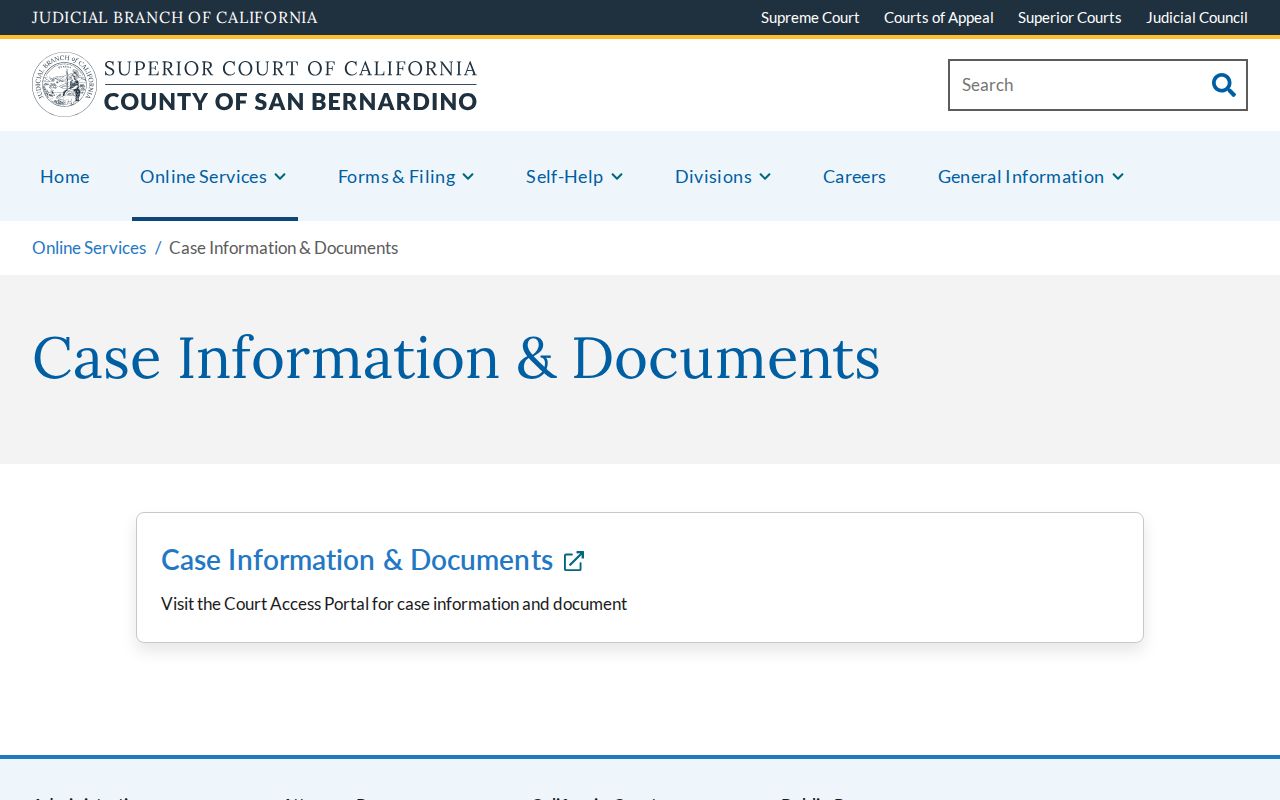 Ontario public records route to San Bernardino Superior Court case information and documents