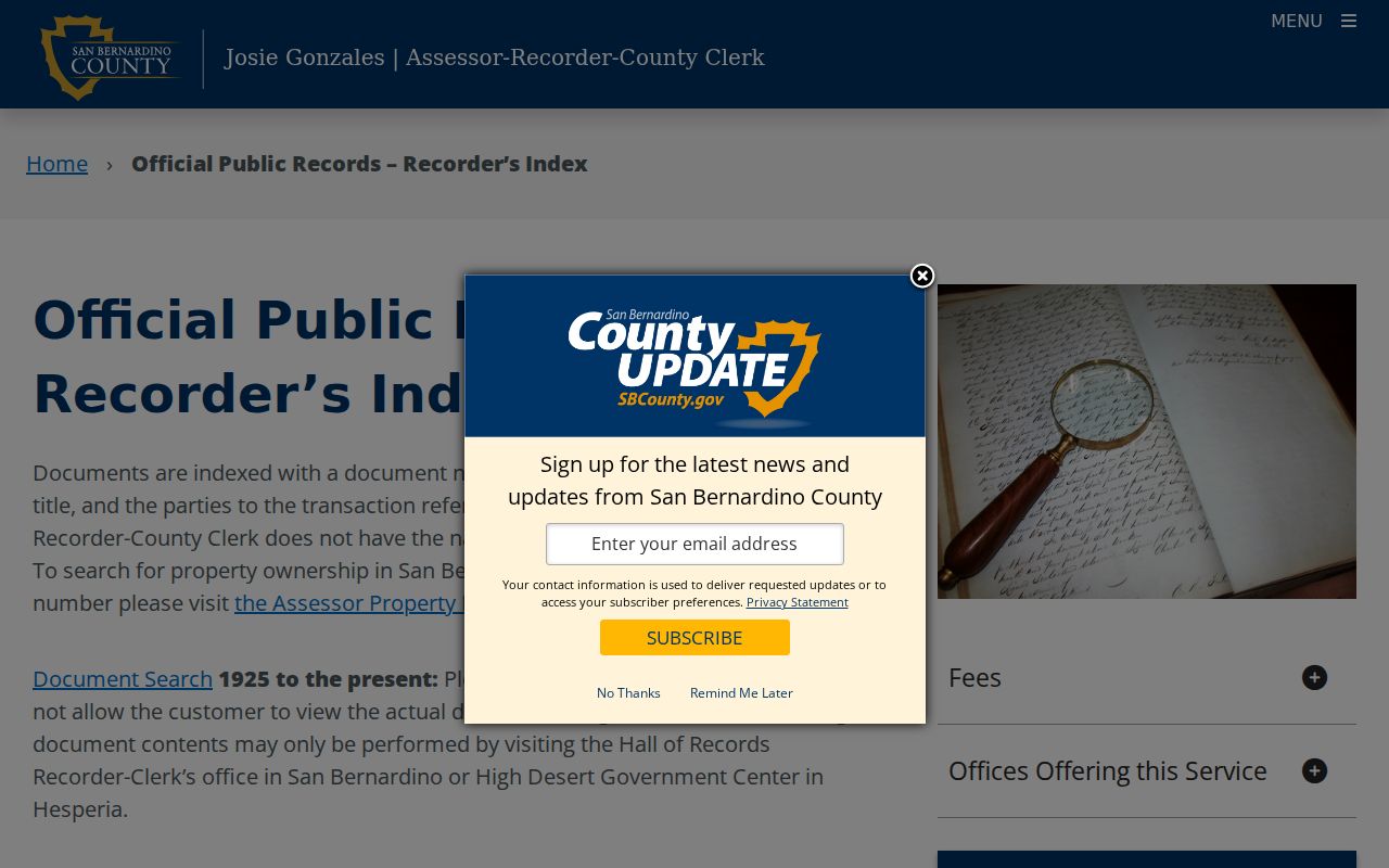 Ontario public records options on the San Bernardino County ARC official records page