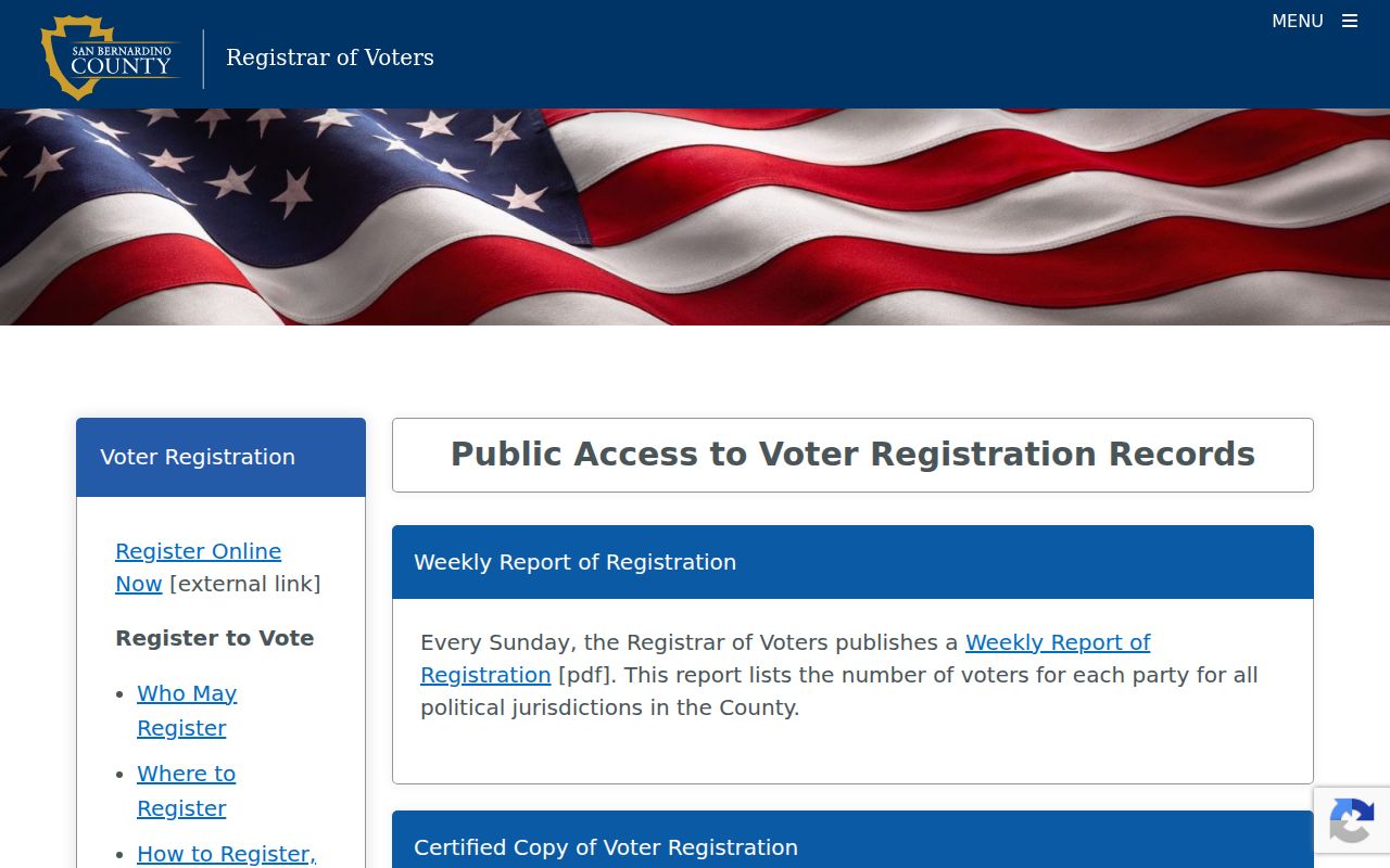 Ontario voter registration records request page from San Bernardino County